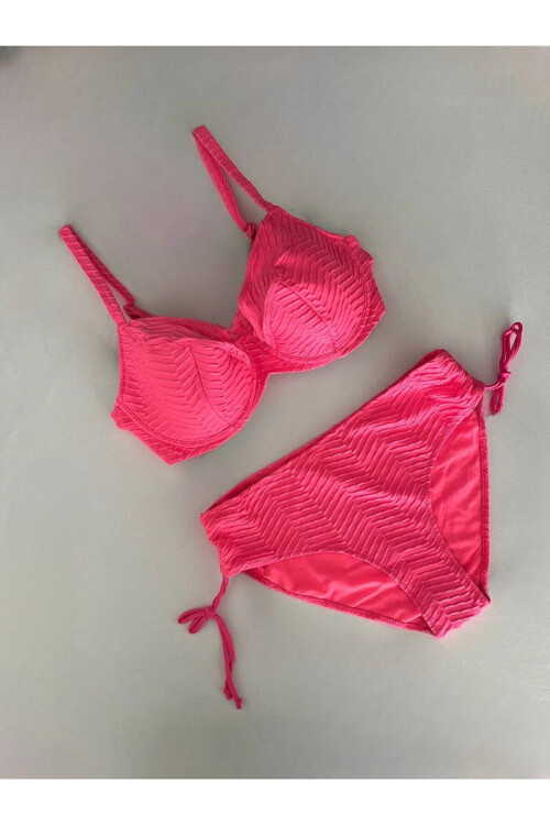 Kadın Canlı Pembe Desenli Büyük Beden Astarlı Bikini Takım PLD25S-3022