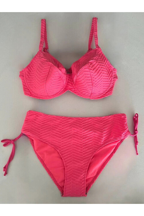Kadın Canlı Pembe Desenli Büyük Beden Astarlı Bikini Takım PLD25S-3022