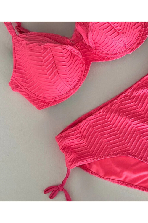 Kadın Canlı Pembe Desenli Büyük Beden Astarlı Bikini Takım PLD25S-3022