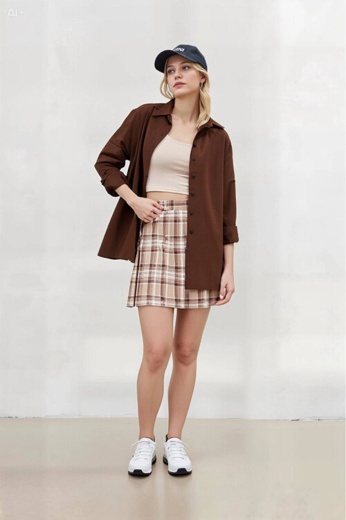 Kadın Çikolata Oversize Uzun Basic Gömlek PLD22W-3118