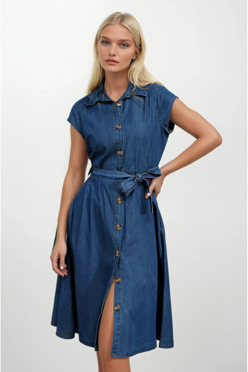 Kadın Denim Kısa Kollu Boydan Düğmeli Beli Kuşaklı Kot Gömlek Elbise PLD22S-3106