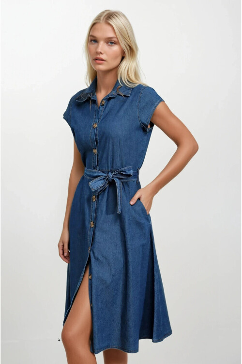 Kadın Denim Kısa Kollu Boydan Düğmeli Beli Kuşaklı Kot Gömlek Elbise PLD22S-3106