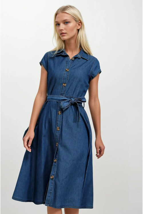 Kadın Denim Kısa Kollu Boydan Düğmeli Beli Kuşaklı Kot Gömlek Elbise PLD22S-3106