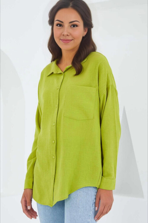 Kadın Fıstık Yeşil Tek Cepli Oversize Keten Ayrobin Gömlek PLD24S-3121
