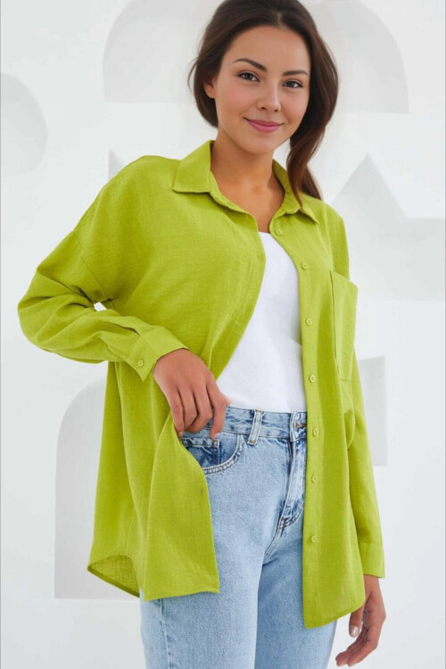 Kadın Fıstık Yeşil Tek Cepli Oversize Keten Ayrobin Gömlek PLD24S-3121