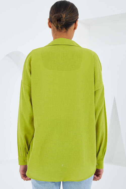 Kadın Fıstık Yeşil Tek Cepli Oversize Keten Ayrobin Gömlek PLD24S-3121