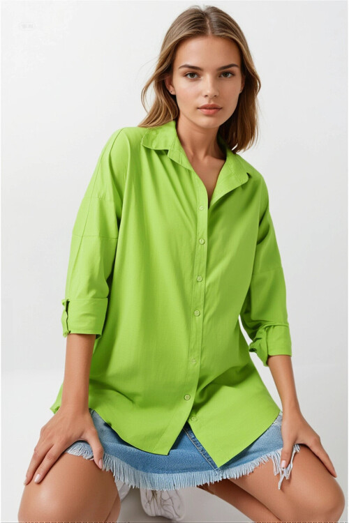 Kadın Fıstık Yeşili Oversize Uzun Basic Gömlek PLD22W-3118