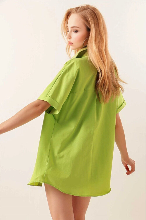 Kadın Fıstık Yeşili Oversize Uzun Kısa Kollu Basic Poplin Gömlek PLD22S-3125