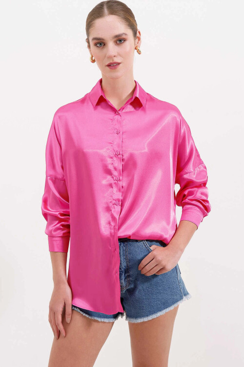 Kadın Fuşya Oversize Dökümlü Saten Yüzeyli Gömlek PLD23S-3115