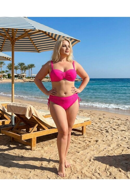 Kadın Fuşya Taş İşlemeli Astarlı Bikini Takım PLD25S-3016