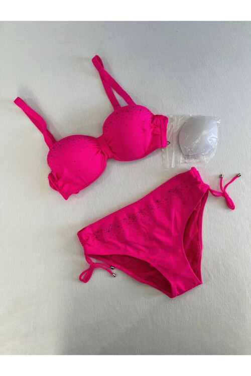 Kadın Fuşya Taş İşlemeli Astarlı Bikini Takım PLD25S-3016