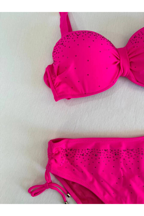 Kadın Fuşya Taş İşlemeli Astarlı Bikini Takım PLD25S-3016