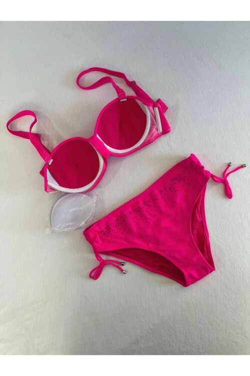 Kadın Fuşya Taş İşlemeli Astarlı Bikini Takım PLD25S-3016