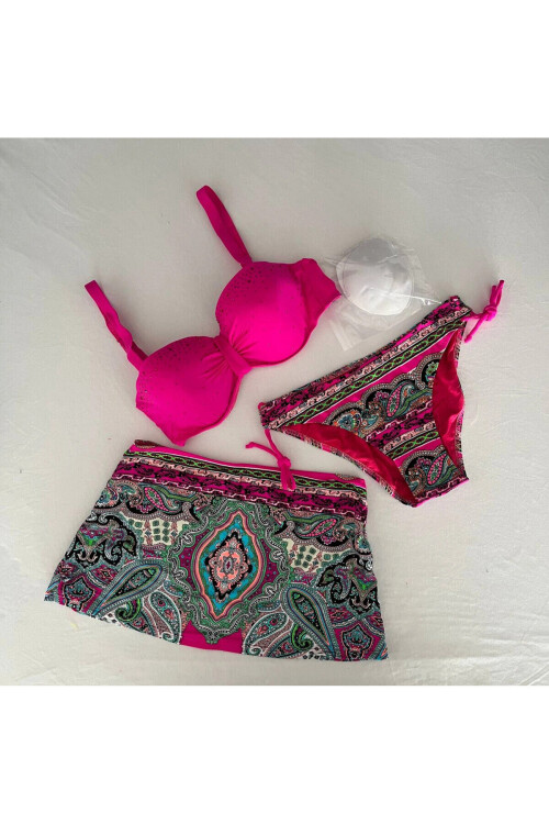 Kadın Fuşya Taş İşlemeli Desenli 3 Parça Bikini Takım PLD25S-3025