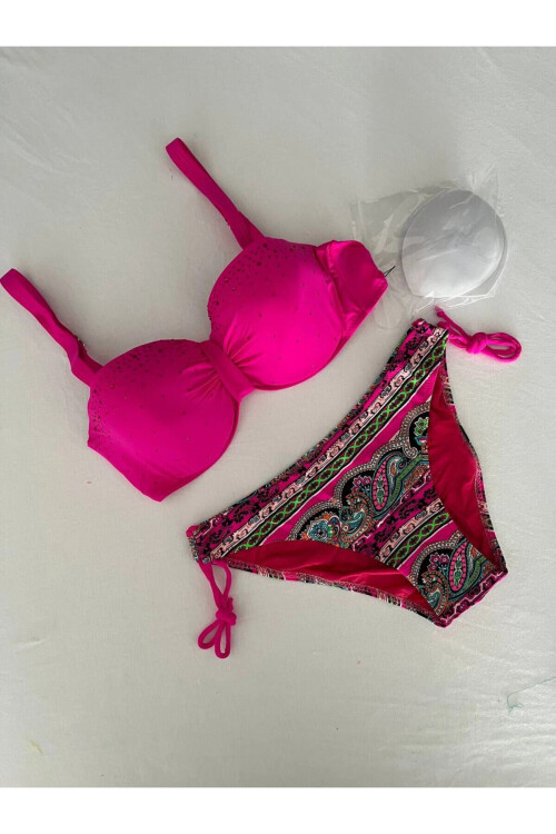 Kadın Fuşya Taş İşlemeli Desenli 3 Parça Bikini Takım PLD25S-3025