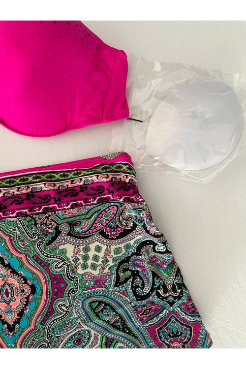 Kadın Fuşya Taş İşlemeli Desenli 3 Parça Bikini Takım PLD25S-3025