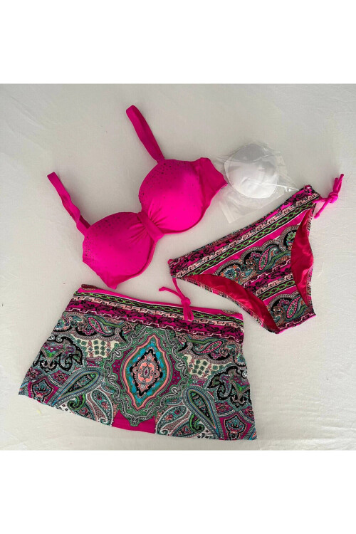 Kadın Fuşya Taş İşlemeli Desenli 3 Parça Bikini Takım PLD25S-3025
