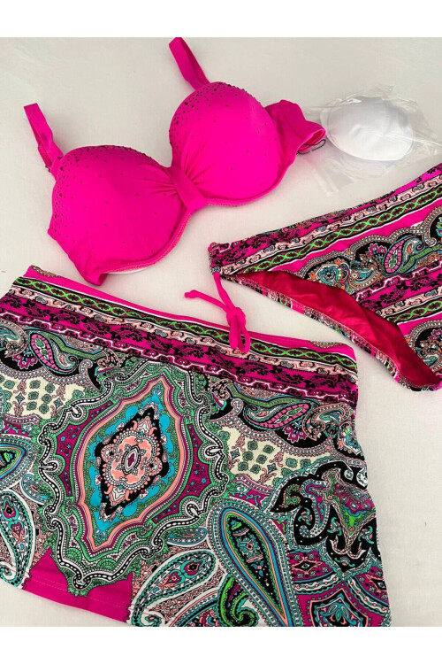 Kadın Fuşya Taş İşlemeli Desenli 3 Parça Bikini Takım PLD25S-3025