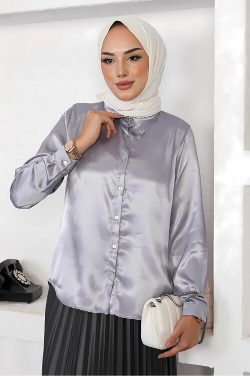 Kadın Gri Saten Yüzeyli Tesettür Gömlek PLD25W-3191