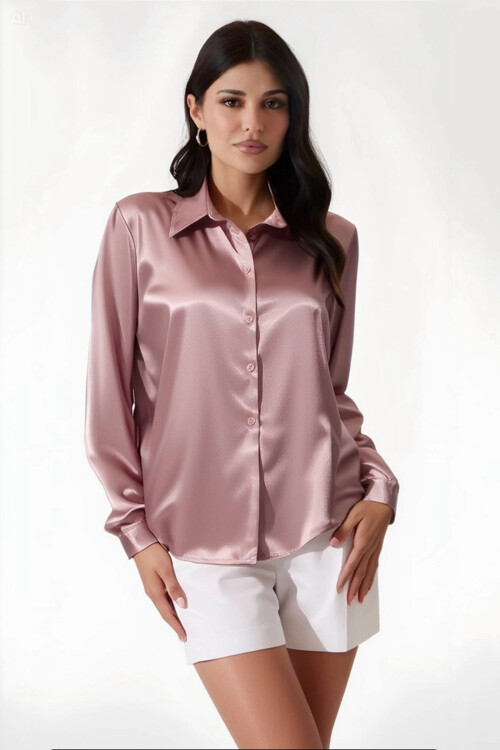 Kadın Gül Kurusu Hafif Dökümlü Saten Yüzeyli Gömlek HZL22W-BD139641
