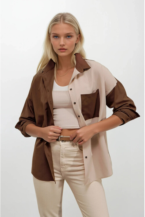Kadın Kahverengi Krem Renk Bloklu  Poplin Basic Gömlek HZL22S-BD1201161