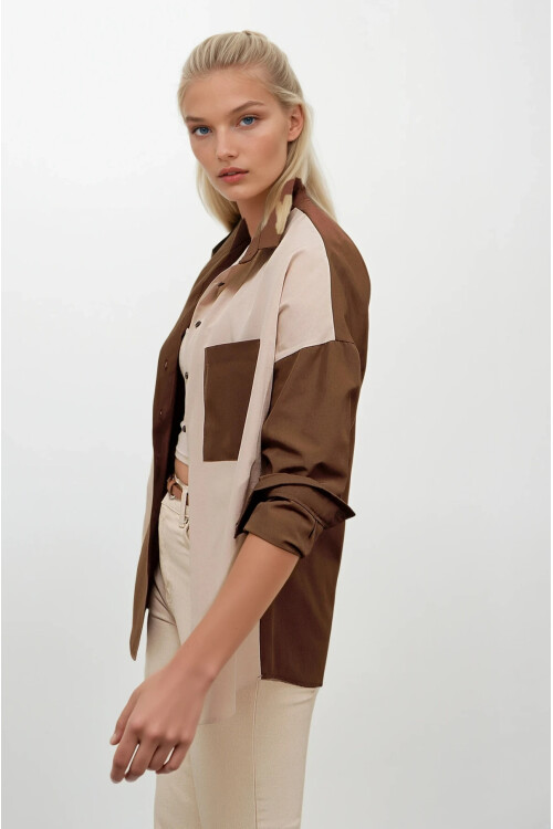 Kadın Kahverengi Krem Renk Bloklu  Poplin Basic Gömlek HZL22S-BD1201161
