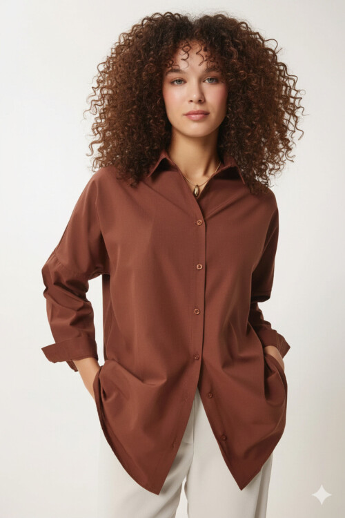Kadın Kahverengi Oversize Uzun Basic Gömlek PLD22W-3118