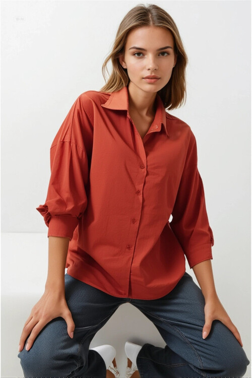 Kadın Kiremit Oversize Uzun Basic Gömlek PLD22W-3118