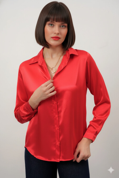 Kadın Kırmızı Hafif Dökümlü Saten Yüzeyli Gömlek PLD22W-3119