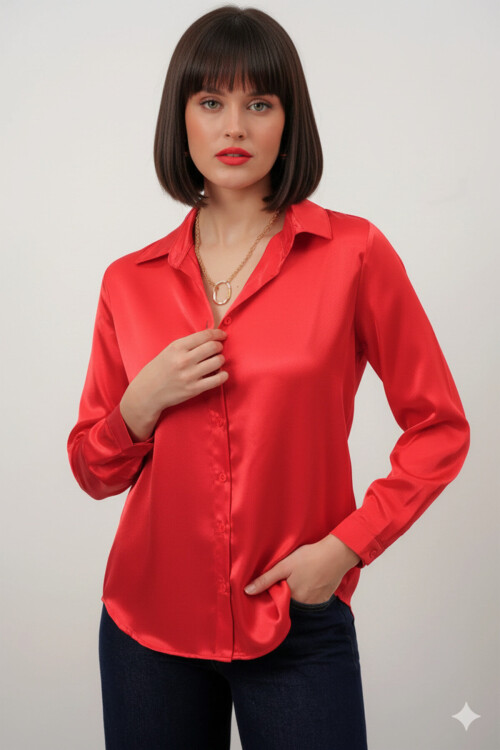 Kadın Kırmızı Hafif Dökümlü Saten Yüzeyli Gömlek PLD22W-3119