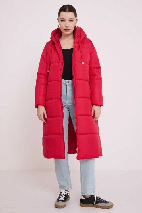 Kadın Kırmızı Kapşonlu Uzun Oversize Şişme Mont PLD22W-3172