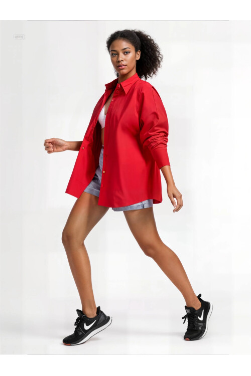 Kadın Kırmızı Oversize Uzun Basic Gömlek  HZL22W-BD139001