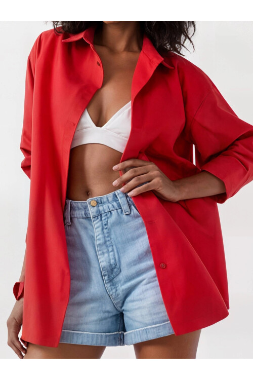 Kadın Kırmızı Oversize Uzun Basic Gömlek  HZL22W-BD139001