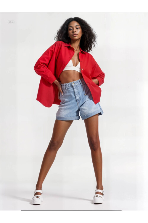 Kadın Kırmızı Oversize Uzun Basic Gömlek  HZL22W-BD139001