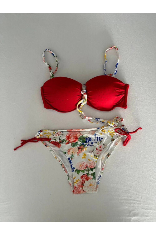 Kadın Kırmızı Taş İşlemeli Astarlı Bikini Takım PLD25S-3018