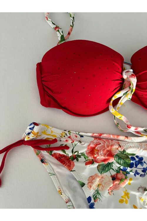 Kadın Kırmızı Taş İşlemeli Astarlı Bikini Takım PLD25S-3018