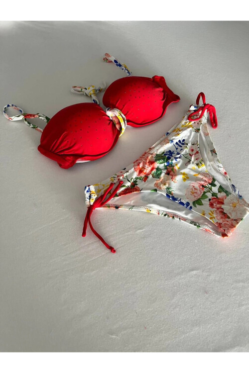 Kadın Kırmızı Taş İşlemeli Astarlı Bikini Takım PLD25S-3018