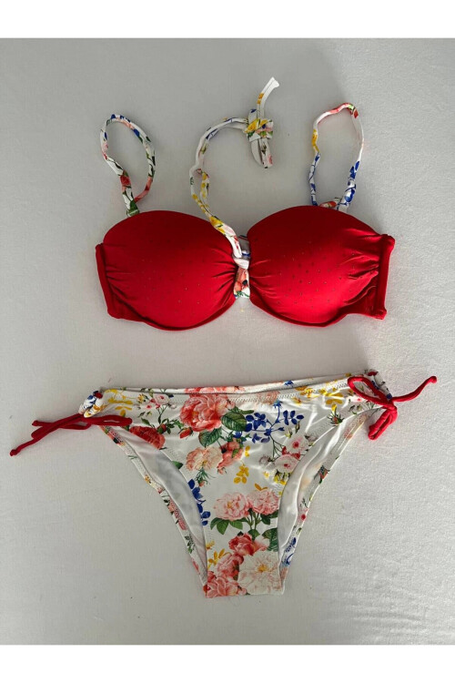 Kadın Kırmızı Taş İşlemeli Astarlı Bikini Takım PLD25S-3018
