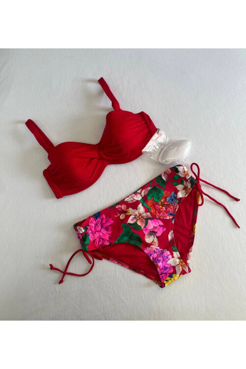 Kadın Kırmızı Taş İşlemeli Çiçek Desenli Büyük Beden Bikini Takım PLD25S-3013