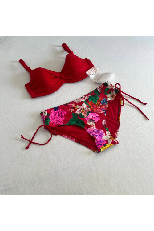Kadın Kırmızı Taş İşlemeli Çiçek Desenli Büyük Beden Bikini Takım PLD25S-3013