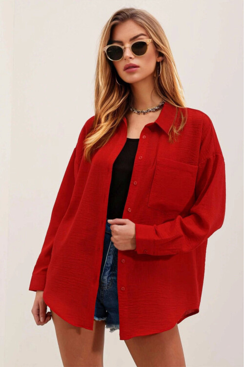 Kadın Kırmızı Tek Cepli Oversize Keten Ayrobin Gömlek PLD24S-3121