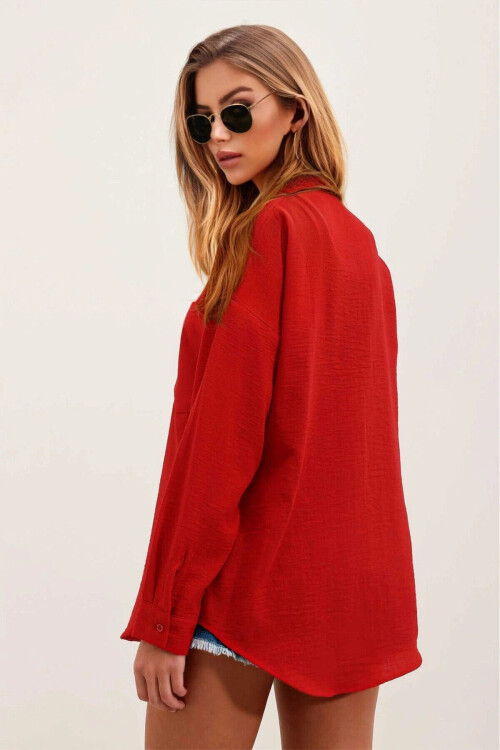 Kadın Kırmızı Tek Cepli Oversize Keten Ayrobin Gömlek PLD24S-3121