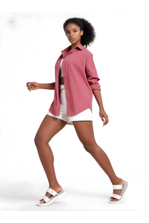 Kadın Koyu Gül Kurusu Oversize Uzun Basic Gömlek HZL22W-BD139001