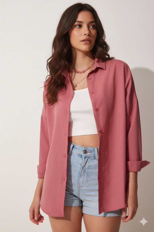 Kadın Koyu Gül Kurusu Oversize Uzun Basic Gömlek PLD22W-3118