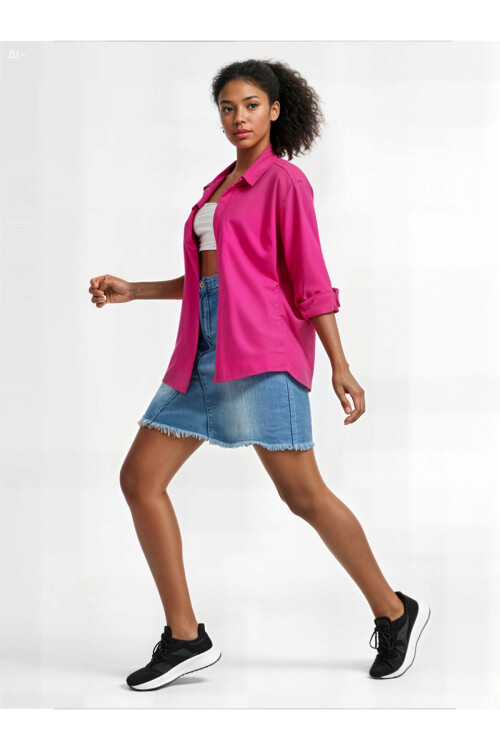 Kadın Koyu Pembe Oversize Uzun Basic Gömlek PLD22W-3118