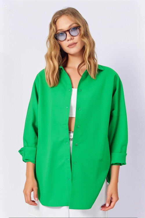 Kadın Koyu Yeşil Oversize Uzun Basic Gömlek PLD22W-3118