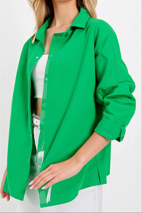 Kadın Koyu Yeşil Oversize Uzun Basic Gömlek PLD22W-3118