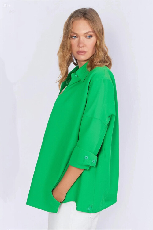 Kadın Koyu Yeşil Oversize Uzun Basic Gömlek PLD22W-3118