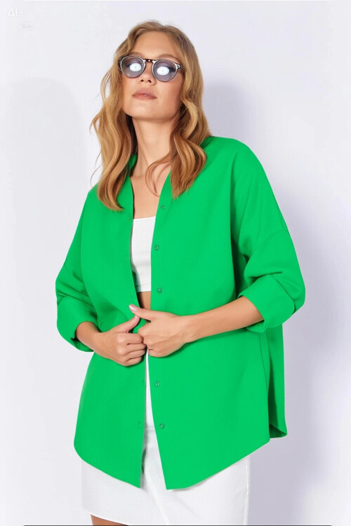 Kadın Koyu Yeşil Oversize Uzun Basic Gömlek PLD22W-3118