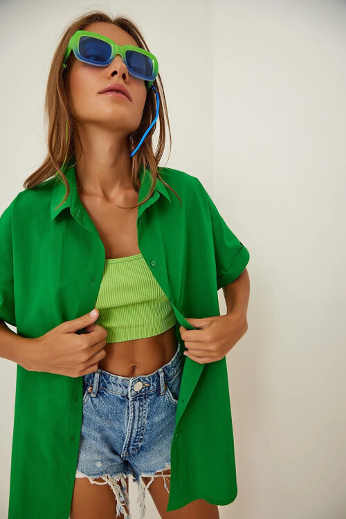 Kadın Koyu Yeşil Oversize Uzun Kısa Kollu Basic Poplin Gömlek PLD22S-3125